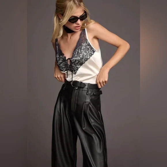 Anthropologie Maeve Faux Leather Black High-Waisted Taper Trousers Size 6 - Picture 2 of 11